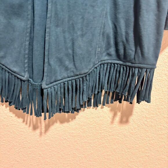 Soft Surroundings Fringed Jacket Small Teal Blue Mid Length Cotton Button Front - Picture 5 of 7